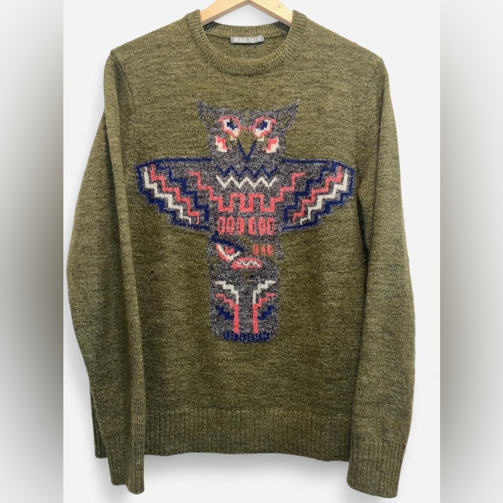 Olive Green Michael Bastian Totem Pole Owl Pattern Sweater Men’s S/M